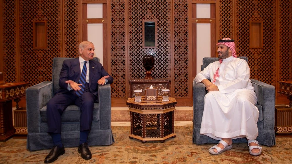 Prime Minister Shehbaz Sharif meets the Crown Prince and Prime Minister of Saudi Arabia Prince Muhammad bin Salman on March 12, 2026, in Jeddah.